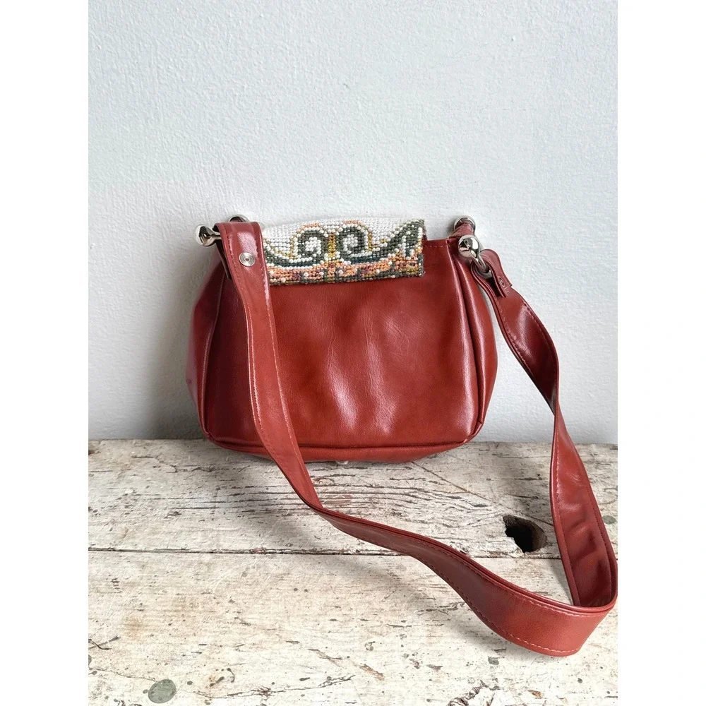 Vintage Floral Needlepoint Tapestry Crossbody Bag Rust Faux Leather Saddle Bag